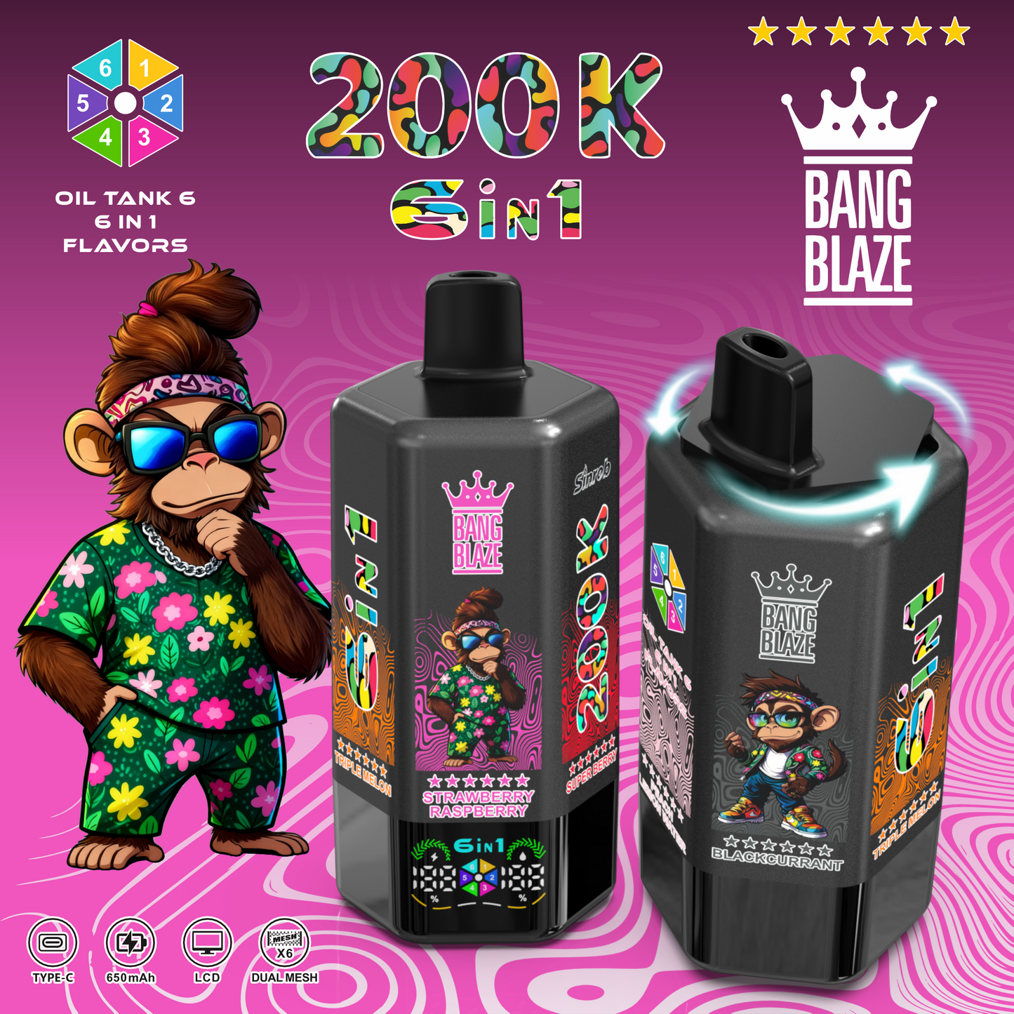 Jednorazowy e-papieros Bang Blaze 200K 6 w 1 | 200 000 zaciągnięć | Urządzenie z możliwością zmiany smaku