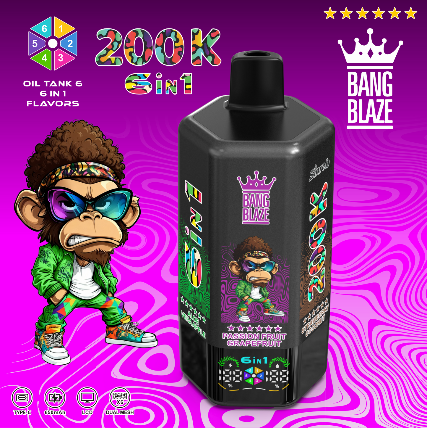 Jednorazowy e-papieros Bang Blaze 200K 6 w 1 | 200 000 zaciągnięć | Urządzenie z możliwością zmiany smaku