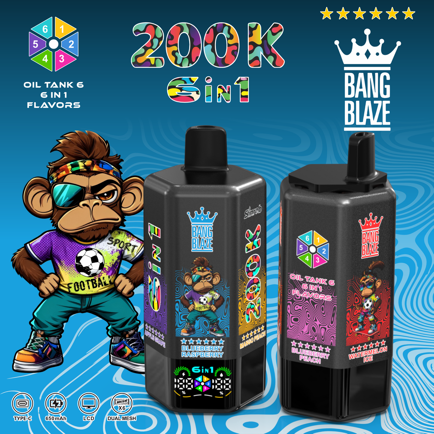 Jednorazowy e-papieros Bang Blaze 200K 6 w 1 | 200 000 zaciągnięć | Urządzenie z możliwością zmiany smaku
