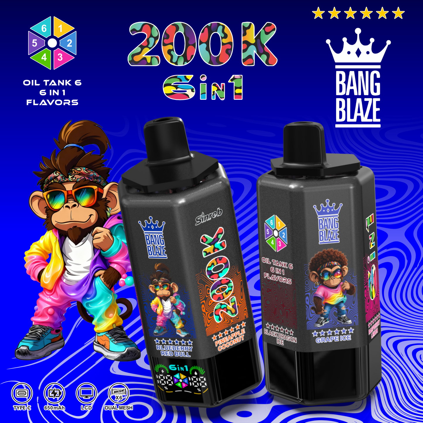 Jednorazowy e-papieros Bang Blaze 200K 6 w 1 | 200 000 zaciągnięć | Urządzenie z możliwością zmiany smaku