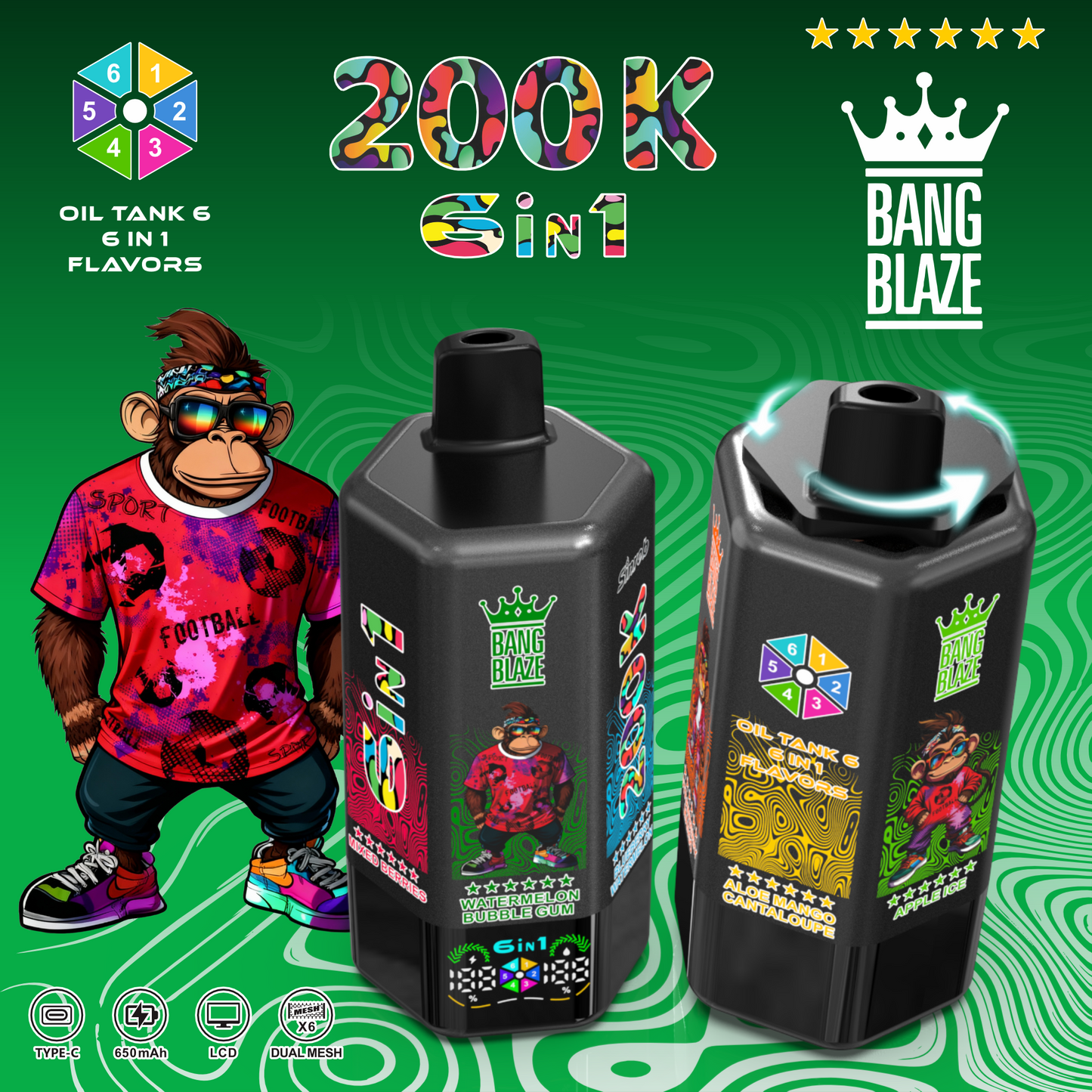 Jednorazowy e-papieros Bang Blaze 200K 6 w 1 | 200 000 zaciągnięć | Urządzenie z możliwością zmiany smaku