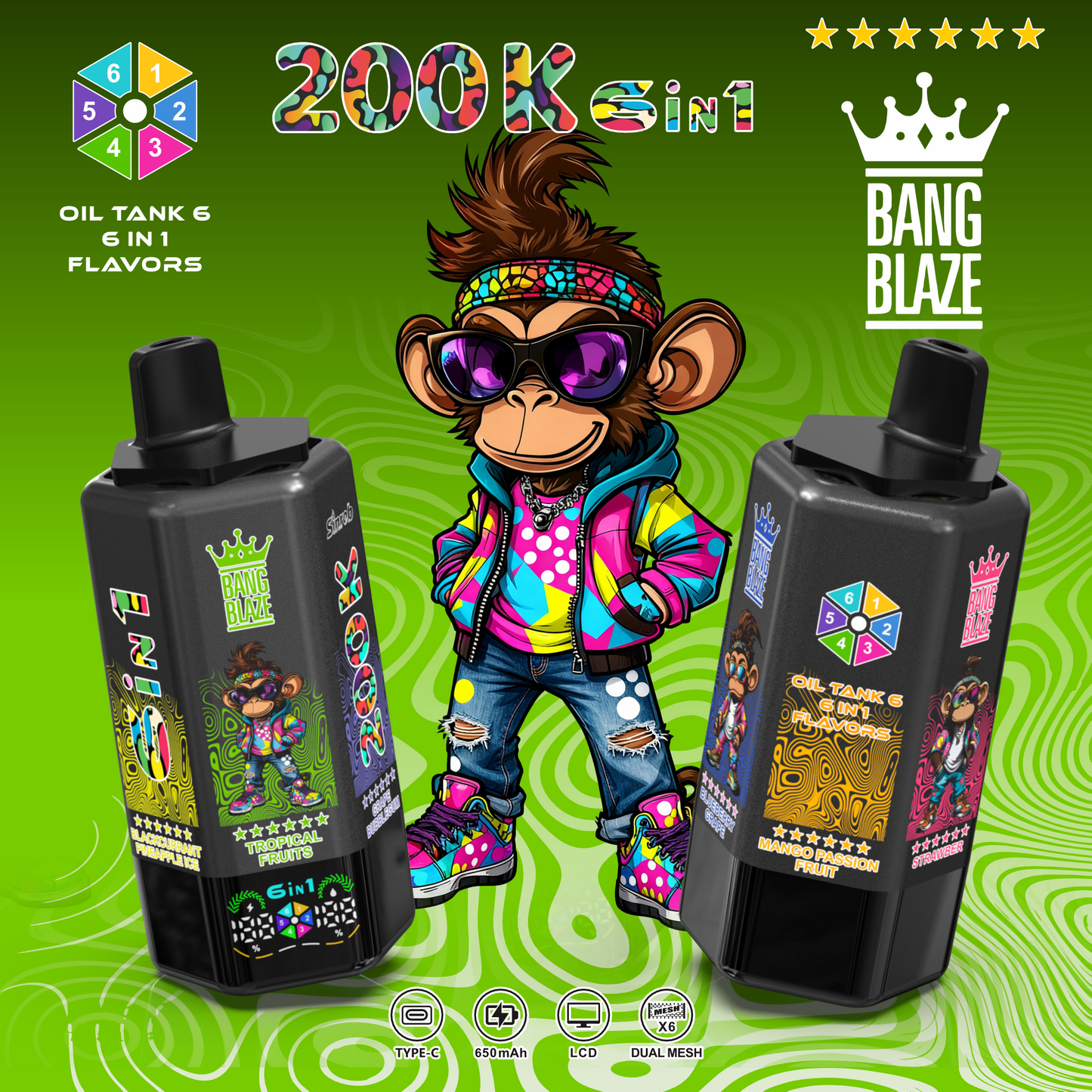 Jednorazowy e-papieros Bang Blaze 200K 6 w 1 | 200 000 zaciągnięć | Urządzenie z możliwością zmiany smaku