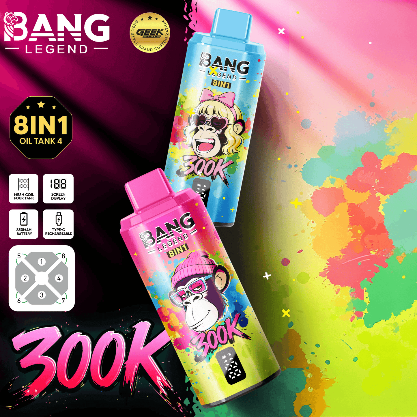 Bang Legend Geek 300K Eldobható E-cigaretta – 8 az 1-ben Ízkamra | Akár 300 000 slukkot képes elszívni | Ízváltó eszköz