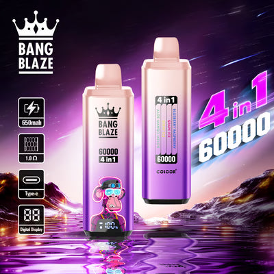 Jednorazowy e-papieros Bang Blaze 60K 4 w 1 | 4 smaki w jednym | 60 000 zaciągnięć | 60 ml płynu | Inteligentny wyświetlacz | Ładowanie przez USB-C