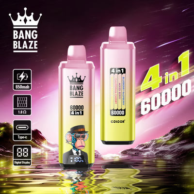 Jednorazowy e-papieros Bang Blaze 60K 4 w 1 | 4 smaki w jednym | 60 000 zaciągnięć | 60 ml płynu | Inteligentny wyświetlacz | Ładowanie przez USB-C