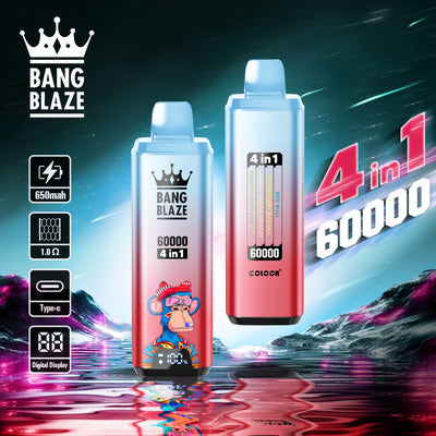 Jednorazowy e-papieros Bang Blaze 60K 4 w 1 | 4 smaki w jednym | 60 000 zaciągnięć | 60 ml płynu | Inteligentny wyświetlacz | Ładowanie przez USB-C