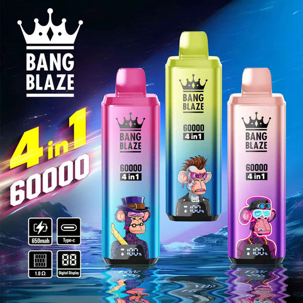 Jednorazowy e-papieros Bang Blaze 60K 4 w 1 | 4 smaki w jednym | 60 000 zaciągnięć | 60 ml płynu | Inteligentny wyświetlacz | Ładowanie przez USB-C