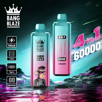Jednorazowy e-papieros Bang Blaze 60K 4 w 1 | 4 smaki w jednym | 60 000 zaciągnięć | 60 ml płynu | Inteligentny wyświetlacz | Ładowanie przez USB-C
