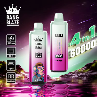 Jednorazowy e-papieros Bang Blaze 60K 4 w 1 | 4 smaki w jednym | 60 000 zaciągnięć | 60 ml płynu | Inteligentny wyświetlacz | Ładowanie przez USB-C