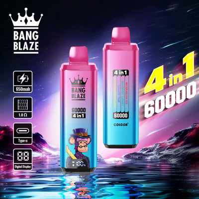 Jednorazowy e-papieros Bang Blaze 60K 4 w 1 | 4 smaki w jednym | 60 000 zaciągnięć | 60 ml płynu | Inteligentny wyświetlacz | Ładowanie przez USB-C