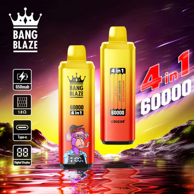 Jednorazowy e-papieros Bang Blaze 60K 4 w 1 | 4 smaki w jednym | 60 000 zaciągnięć | 60 ml płynu | Inteligentny wyświetlacz | Ładowanie przez USB-C