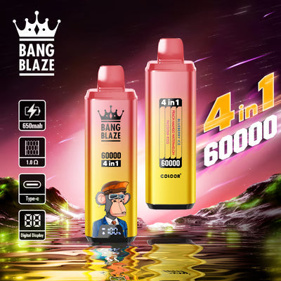 Jednorazowy e-papieros Bang Blaze 60K 4 w 1 | 4 smaki w jednym | 60 000 zaciągnięć | 60 ml płynu | Inteligentny wyświetlacz | Ładowanie przez USB-C